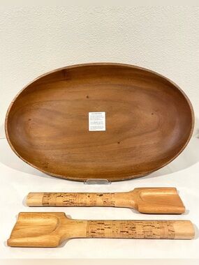 Target Home Natural Acacia Wood Oval Serving Platter w Cork Serving Utensils.